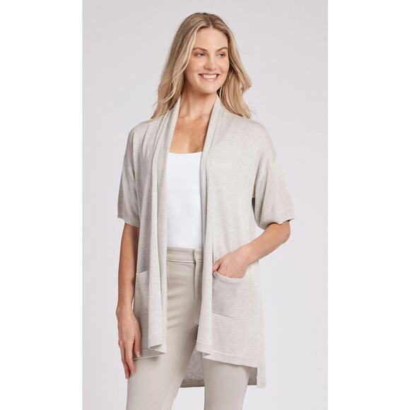 Tyler Boe Cardigan Womens Large Light Gray Silk Cashmere Open Front Short Sleeve - Picture 8 of 9